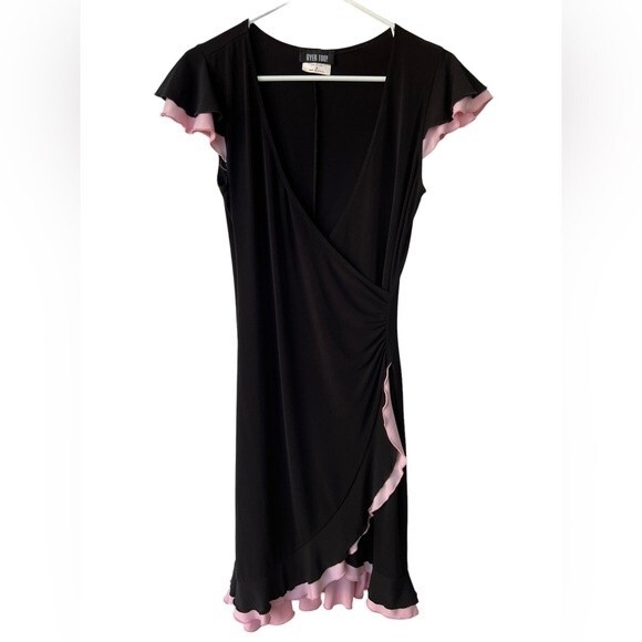 Black and Pink Ruffle Stretchy Faux Wrap Short Sleeve V-Neck Dress size Medium - Picture 1 of 7